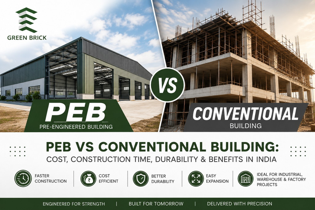 PEB vs conventional building comparison showing a pre-engineered building and conventional construction in India