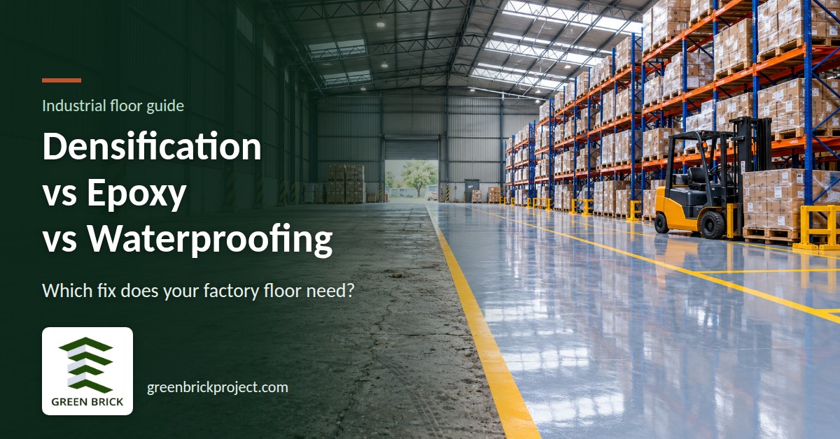 Worn concrete floor next to an epoxy-coated floor in a warehouse