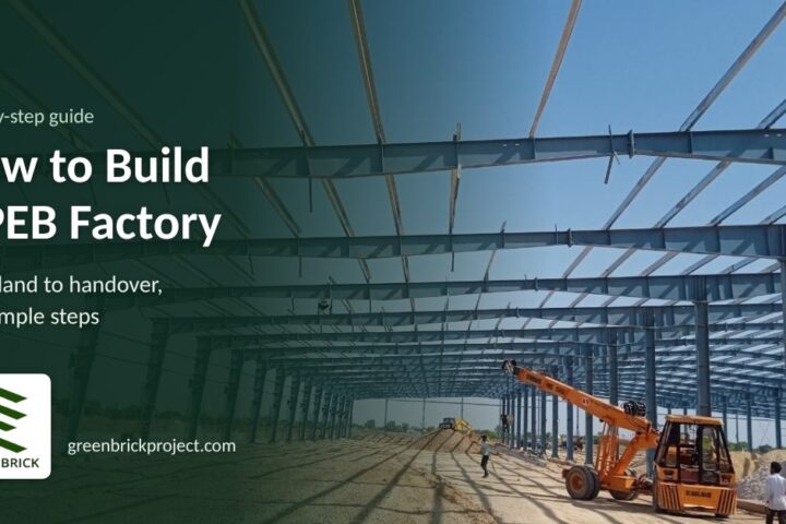 Steel PEB frames being erected with a crane on a factory site